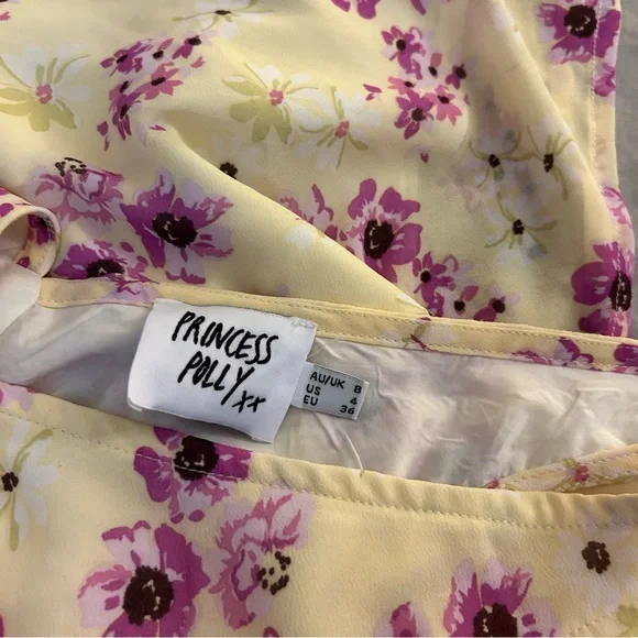 Princess Polly Nellie Mini Dress Yellow Floral 4, V-Neck, Tie Back - Picture 11 of 13
